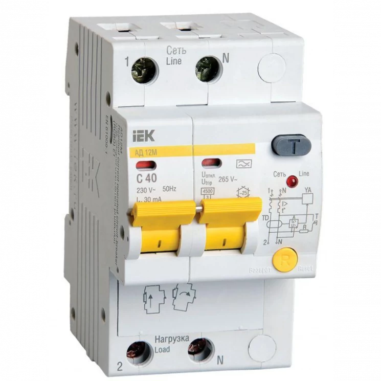 Выключатель автоматический дифференциального тока 2п C 40А 30мА тип A 4.5кА АД-12М IEK MAD12-2-040-C