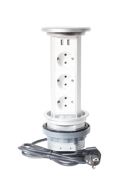 Блок розеточный настольный, 3х2К+З, 2-USB (45х45), с беспроводной зарядкой, выдвижной, алюминий, IP54