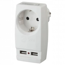 Адаптер 1-м с заземл. Polynom SP-1e-USB-W 220В 2хUSB 2100мА бел. Эра Б0026332
