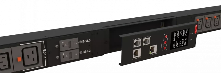 Блок розеток интеллектуальный iPDU-6022: ZeroUnit, 400V, 16А, in IEC60309 3P+N+E, out (6) C19; (18) C13 с фиксацией e-lock