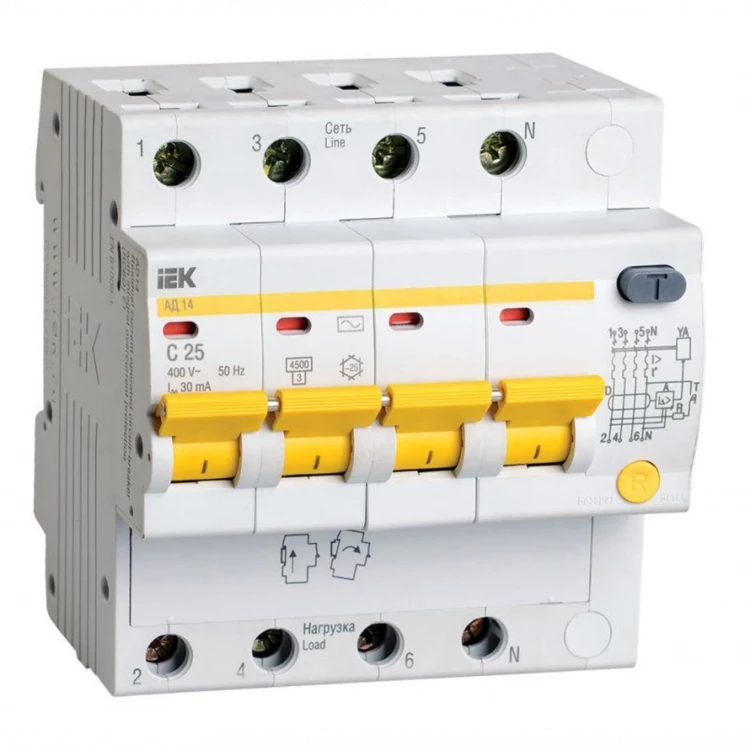 Выключатель автоматический дифференциального тока 4п C 25А 30мА тип AC 4.5кА АД-14 IEK MAD10-4-025-C
