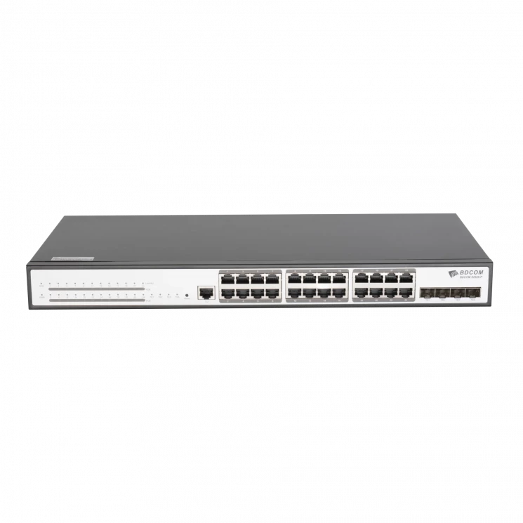 Управляемый PoE коммутатор уровня 3 BDCOM S2900-24P4X, 24x 10/100/1000Base-T PoE 802.3af/at до 370W, 4x 1/10GE SFP+, 220VAC + 36-72VDC