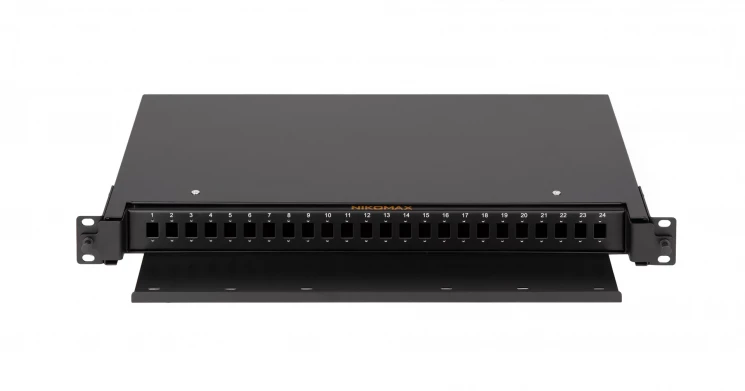 Оптический кросс NIKOMAX 19" Premium Line, 1U, до 24 SC портов или 48 LC портов, выдвижной, со съёмной полкой, черный