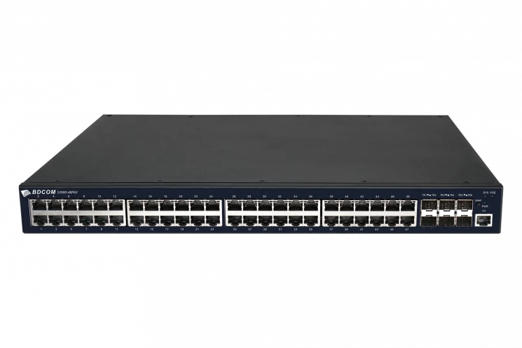 Управляемый PoE коммутатор уровня 3 BDCOM S3900-48P6X, 48x 10/100/1000BaseT PoE 802.3af/at до 740W, 6x 1/10GE SFP+, Hot Swap БП 1+1