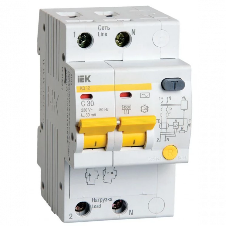 Выключатель автоматический дифференциального тока 2п C 32А 30мА тип AC 4.5кА АД-12 IEK MAD10-2-032-C
