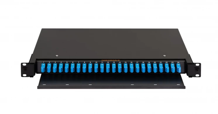Оптический кросс NIKOMAX 19" Premium Line, 1U, укомплектованный на 24 порта SC/UPC (24 одинарных SC/UPC адаптера), SM 9/125 OS2, выдвижной