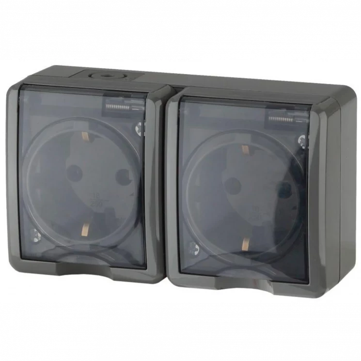 Розетка 2-м ОП Эра Эксперт 11-2404-03 16А IP54 16AX 250В 2х2P+E защ. шторки сер. Эра Б0020719