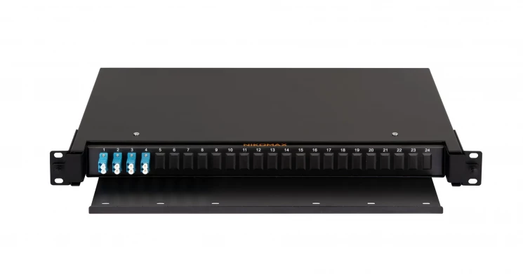 Оптический кросс NIKOMAX 19" Premium Line, 1U, укомплектованный на 8 портов LC/UPC (4 двойных LC/UPC адаптера), SM 9/125 OS2, выдвижной, с полкой