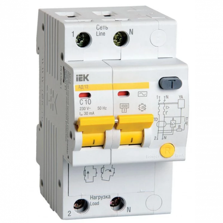 Выключатель автоматический дифференциального тока 2п C 10А 30мА тип AC 4.5кА АД-12 IEK MAD10-2-010-C