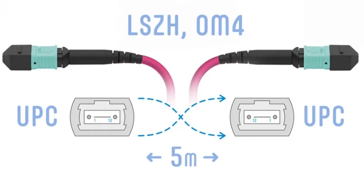 Патчкорд оптический MPO/UPC FF MM (50/125 OM4), 8 волокон, 5 метра (Cross)