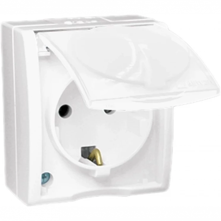 Розетка 1-м ОП Simon15 16А IP54 250В с заземл. Schuko защ. шторки с крышкой винт. клеммы бел. Simon