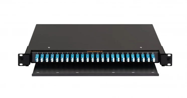 Оптический кросс NIKOMAX 19" Premium Line, 1U, укомплектованный на 48 портов LC/UPC (24 двойных LC/UPC адаптеров), SM 9/125 OS2, выдвижной, с полкой