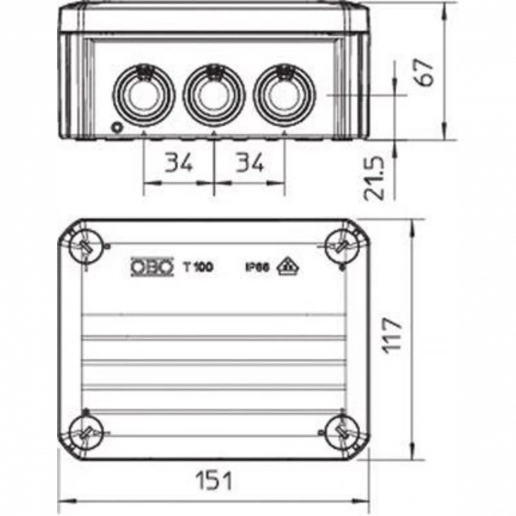 Коробка распределительная 150х116х67мм IP66 T100 10хM25 свет. сер. OBO 2007077