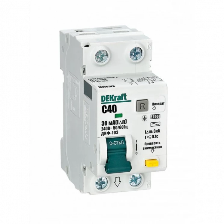 Выключатель автоматический дифференциального тока 2п (1P+N) C 40А 30мА тип AC 4.5кА ДИФ-103 DEKraft