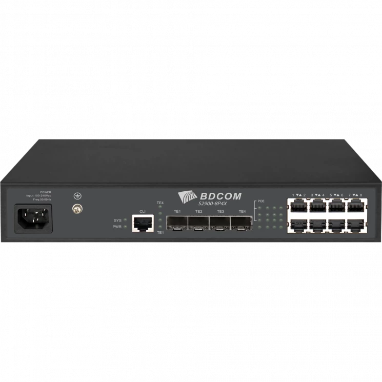 Управляемый PoE коммутатор уровня 3 BDCOM S2900-8P4X, 8x 10/100/1000Base-T PoE 802.3af/at до 125W, 4x 1/10GE SFP+, ~220V AC