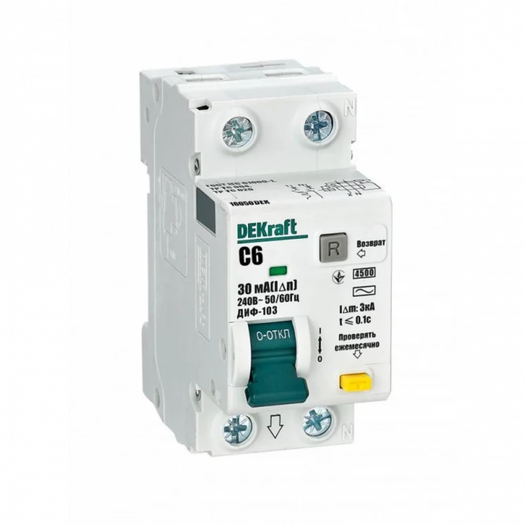 Выключатель автоматический дифференциального тока 2п (1P+N) C 6А 30мА тип AC 4.5кА ДИФ-103 DEKraft 1