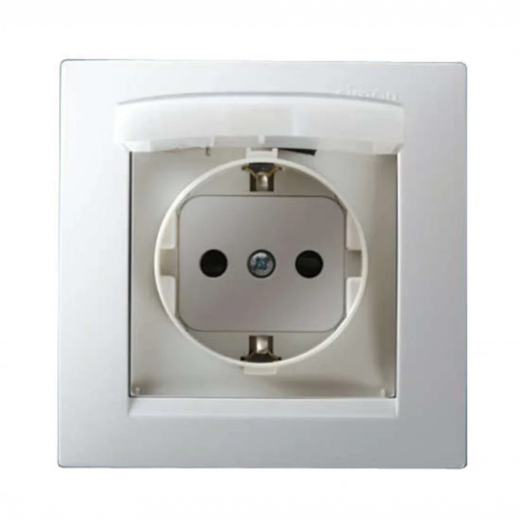 Розетка 1-м СП Simon15 16А IP44 250В с заземл. Schuko защ. шторки с крышкой винт. клеммы бел. Simon