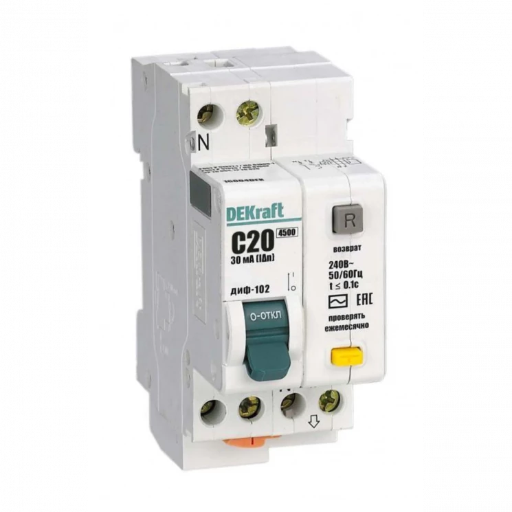 Выключатель автоматический дифференциального тока 2п (1P+N) C 20А 30мА тип AC 4.5кА ДИФ-102 2мод. DE