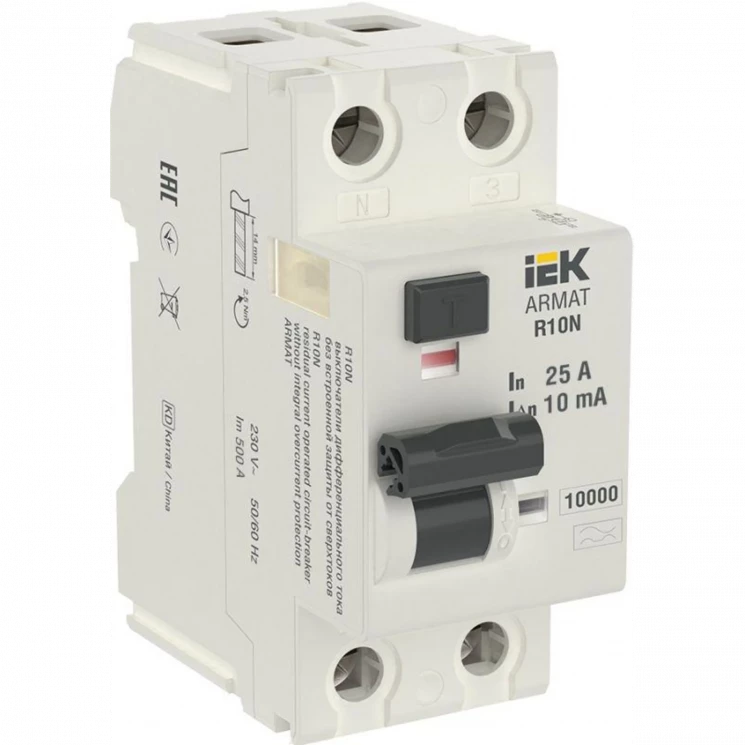 Выключатель дифференциального тока (УЗО) 2п 25А 10мА тип A ВДТ R10N ARMAT IEK AR-R10N-2-025A010