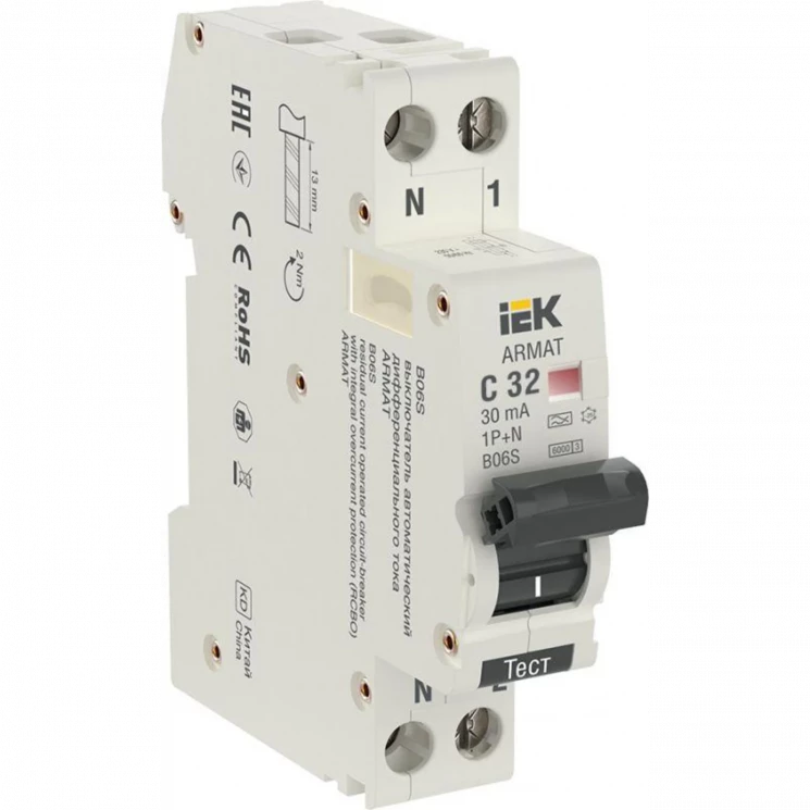 Выключатель автоматический дифференциального тока 2п (1P+N) C 32А 30мА тип A АВДТ B06S 18мм ARMAT IE