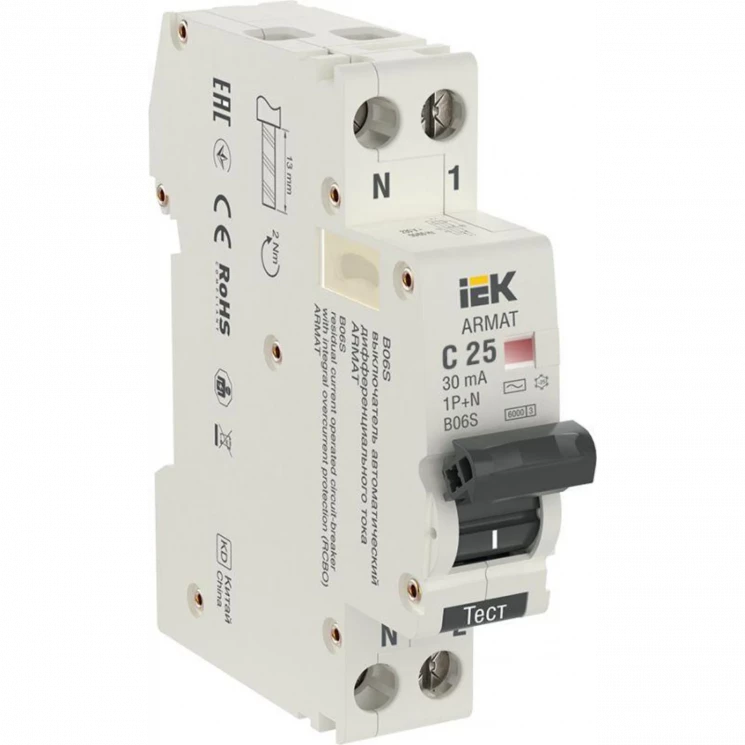 Выключатель автоматический дифференциального тока 2п (1P+N) C 25А 30мА тип AC АВДТ B06S 18мм ARMAT I