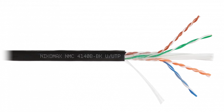 Кабель NIKOMAX U/UTP 4 пары, Кат.6 (Класс E), тест по ISO/IEC, 250МГц, одножильный, BC (чистая медь), 23AWG (0,55мм), полиэтилен, внешний, черный, 305