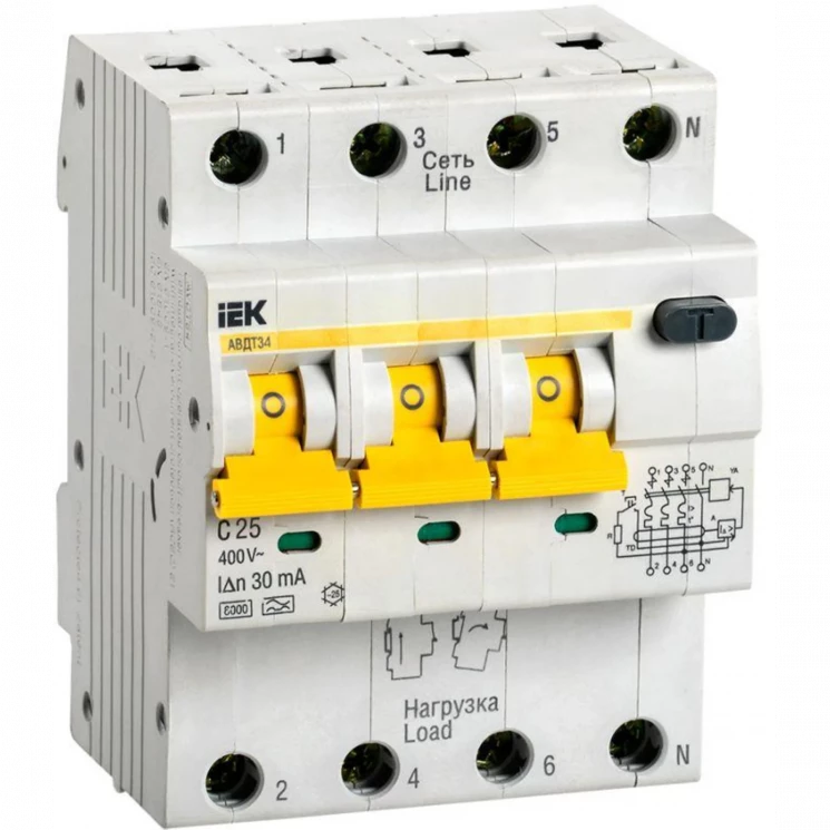 Выключатель автоматический дифференциального тока 4п (3P+N) C 25А 30мА тип A 6кА АВДТ-34 IEK MAD22-6