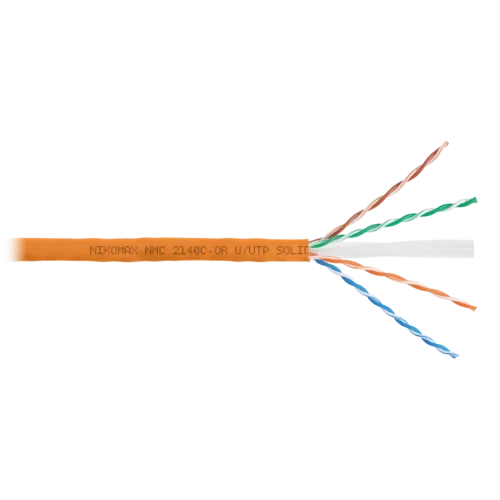 Кабель NIKOMAX U/UTP 4 пары, Кат.6 (Класс E), тест по ISO/IEC, 250МГц, одножильный, BC (чистая медь), 24AWG (0,53мм), полимерный материал нг(А)-HF, вн