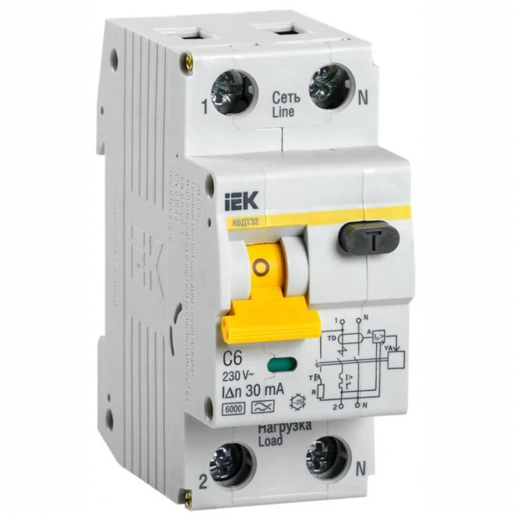 Выключатель автоматический дифференциального тока 2п (1P+N) C 6А 30мА тип A 6кА АВДТ-32 IEK MAD22-5-