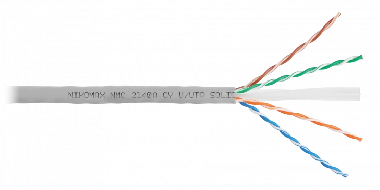 Кабель NIKOMAX U/UTP 4 пары, Кат.6 (Класс E), тест по ISO/IEC, 250МГц, одножильный, BC (чистая медь), 23AWG (0,53мм), поливинилхлорид, внутренний, сер