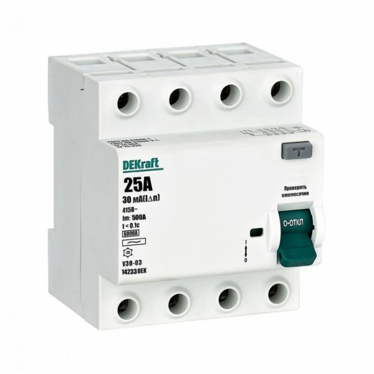 Выключатель дифференциального тока (УЗО) 4п 25А 30мА тип AC 6кА УЗО-03 DEKraft 14233DEK
