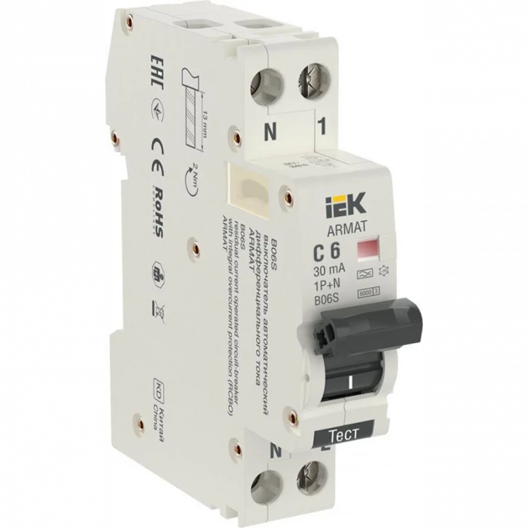 Выключатель автоматический дифференциального тока 2п (1P+N) C 6А 30мА тип A АВДТ B06S 18мм ARMAT IEK