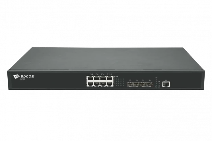 Управляемый коммутатор уровня 3 BDCOM S5700-8EP4X-370, 8x 2.5GBASE-Т PoE 802.3af/at/bt до 370W, 4x 1/10GE SFP+, 220V AC