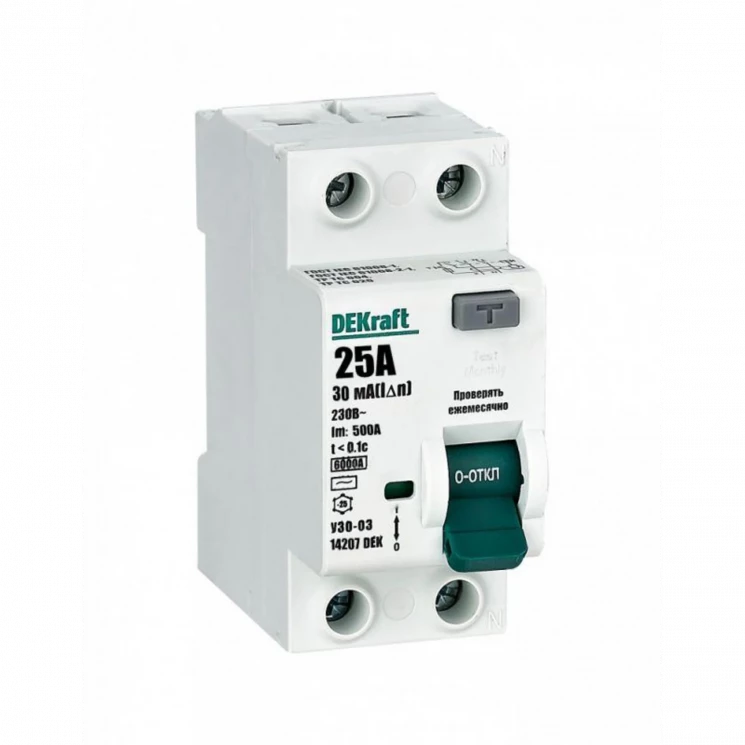 Выключатель дифференциального тока (УЗО) 2п 25А 30мА тип AC 6кА УЗО-03 DEKraft 14207DEK