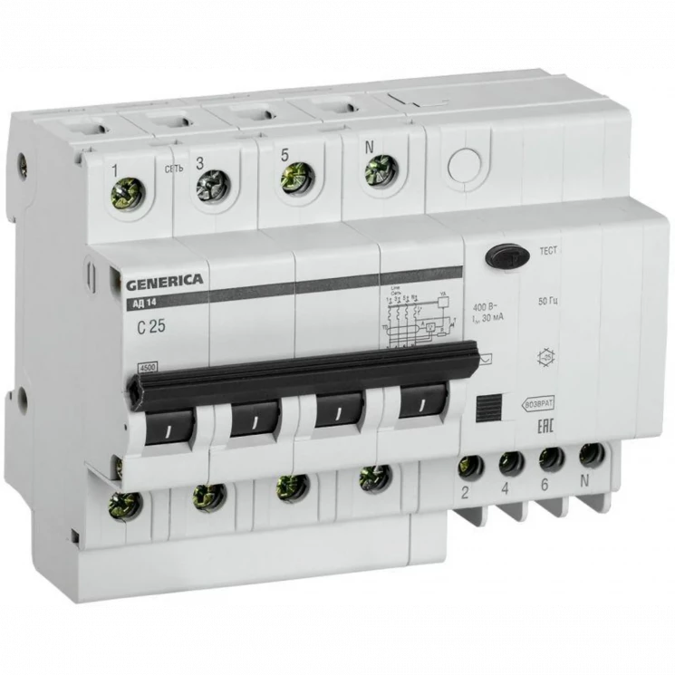 Выключатель автоматический дифференциального тока 4п 25А 30мА АД14 GENERICA MAD15-4-025-C-030