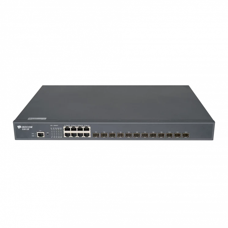 Управляемый коммутатор уровня 3 BDCOM S5612E, 8x 10/100/1000Base-T, 12x 1/10GE SFP+, ~220V AC
