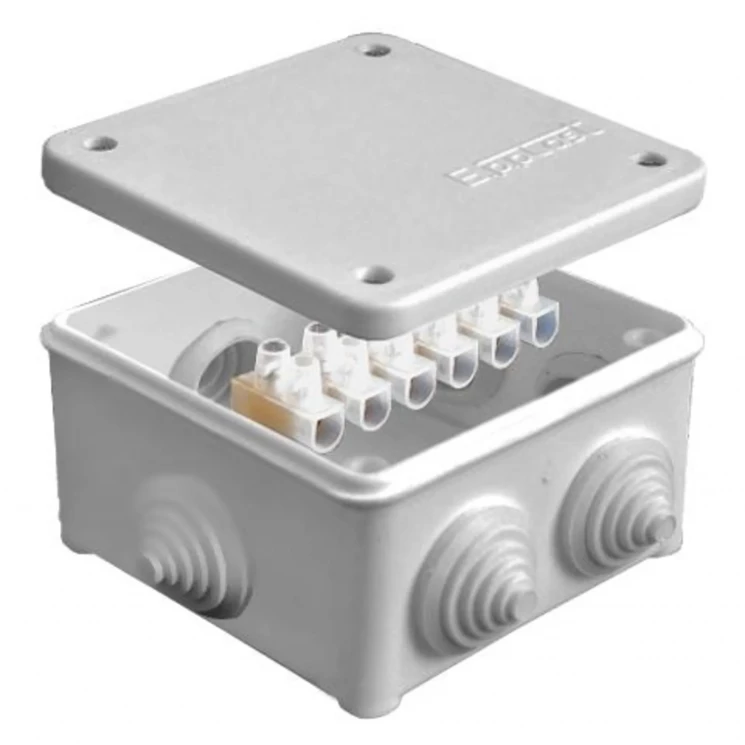 Коробка распределительная ОП 85х85х45мм IP54 с клемм. 7 выходов 3 гермоввода 10А 6 контактов крышка