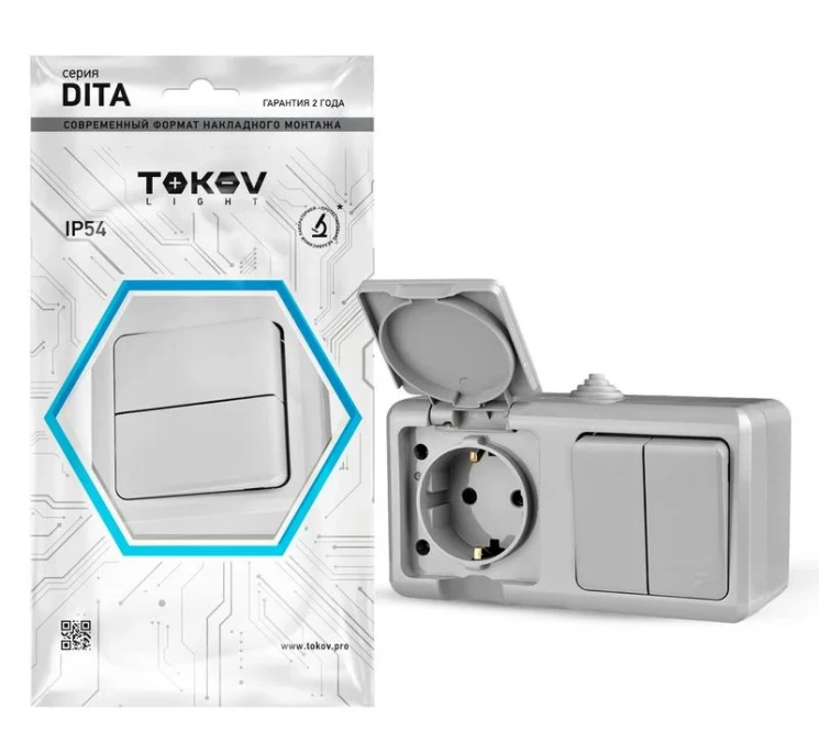 Блок ОП Dita (розетка 16А 250В с заземл. 2-кл. выкл. 10А) IP54 сер. TOKOV ELECTRIC TKL-DT-V2RZ-C06-I