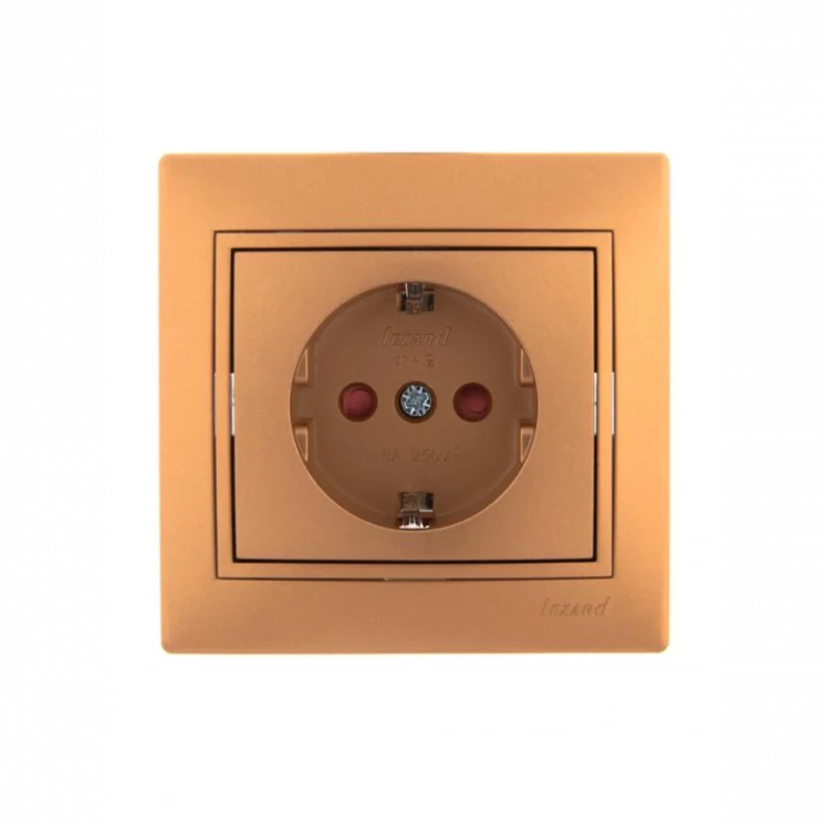 Розетка 1-м СП Mira 16А IP20 с заземл. защ. шторки со вставкой керамика зол. метал. LEZARD 701-1313-