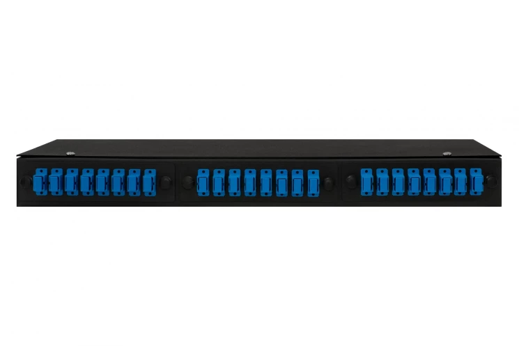 Кросс оптический 19" (ШКОС) укомплектованный на 24 SC порта, черный (комплект с розетками и пигтейлами)