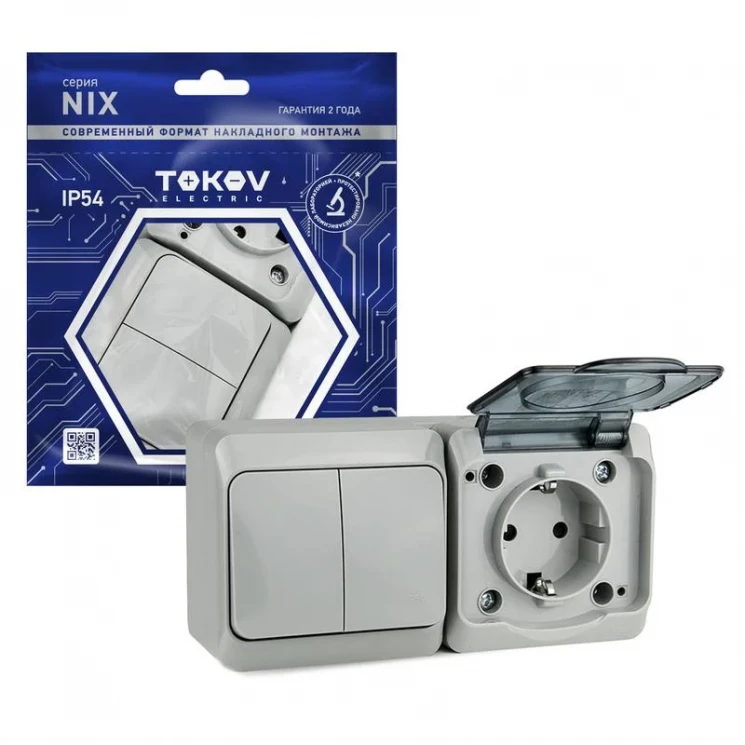 Блок ОП Nix (розетка 16А 250В с заземл. + 2-кл. выкл. 10А) IP54 сер. TOKOV ELECTRIC TKE-NX-V2RZ-C06T