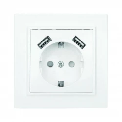Розетка 1-м СП Минск 16А IP20 с заземл. защ. шторки с 2-мя заряд. устройствами USB 2.1А бел. EKF ERR