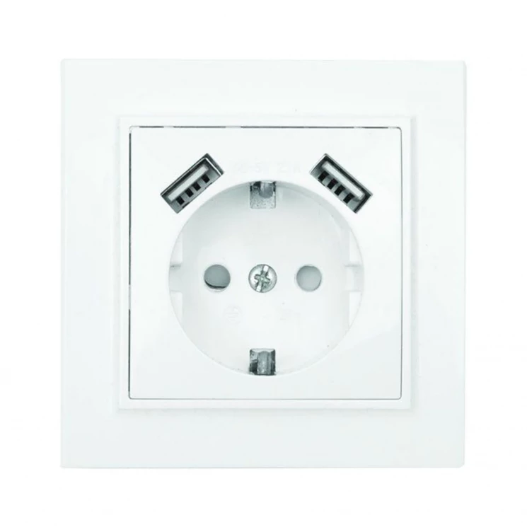 Розетка 1-м СП Минск 16А IP20 с заземл. защ. шторки с 2-мя заряд. устройствами USB 2.1А бел. EKF ERR