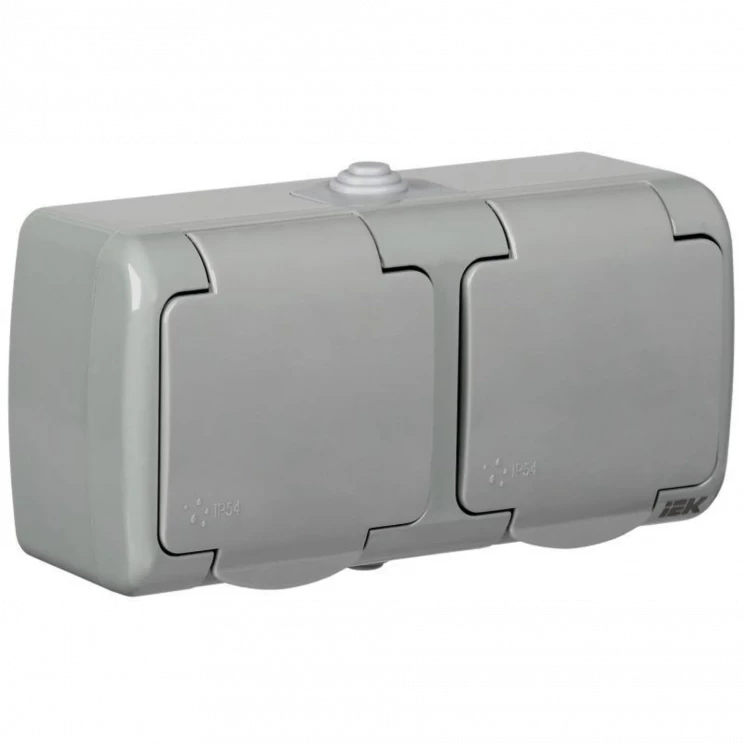 Розетка 2-м ОП Aquatic РСш22-2-А 16А IP54 с заземл. с крышкой сер. IEK ERA22-K03-16-54