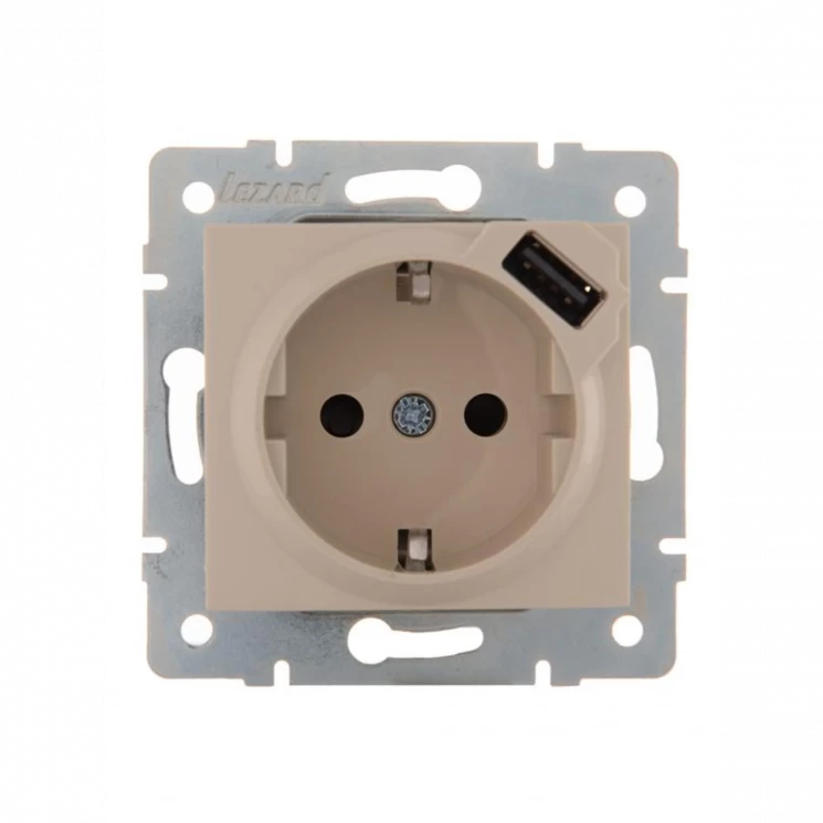 Розетка 1-м СП Karina 16А с заземл. с заряд. устройством USB механизм крем. LEZARD 707-0388-181