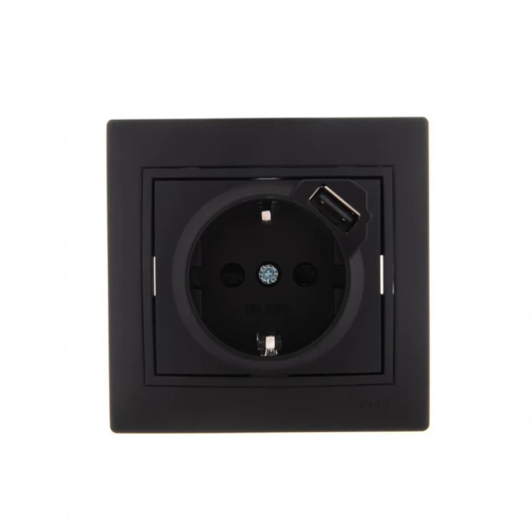 Розетка 1-м СП Mira 16А с заземл. + USB разъем черн. бархат LEZARD 701-4242-181