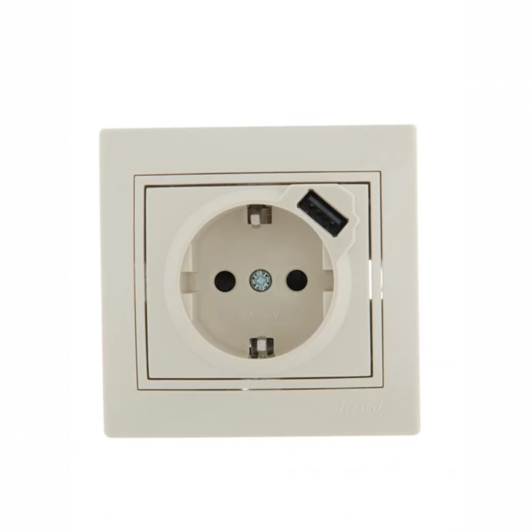 Розетка 1-м СП Mira 16А с заземл. + USB разъем крем. LEZARD 701-0303-181