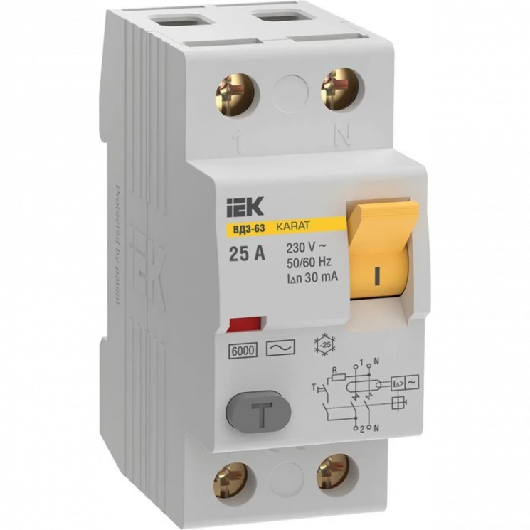 Выключатель дифференциального тока (УЗО) 2п 25А 30мА 6кА тип AC ВД3-63 KARAT IEK MDV20-2-025-030