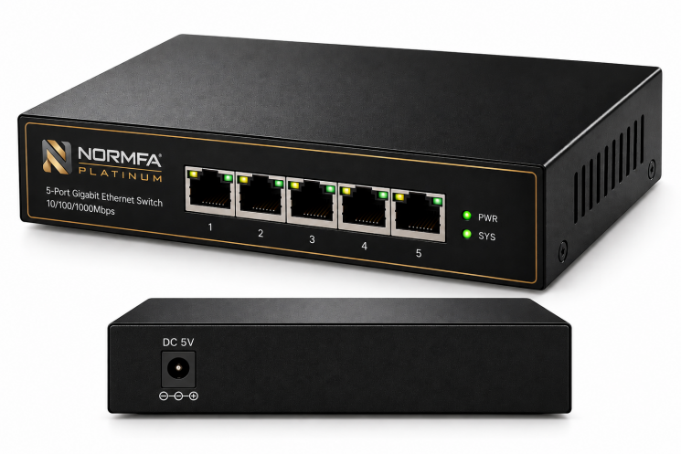 Неуправляемый гигабитный Ethernet-коммутатор Normfa Platinum, 5 портов RJ-45 10/100/1000 Мбит/с, без PoE