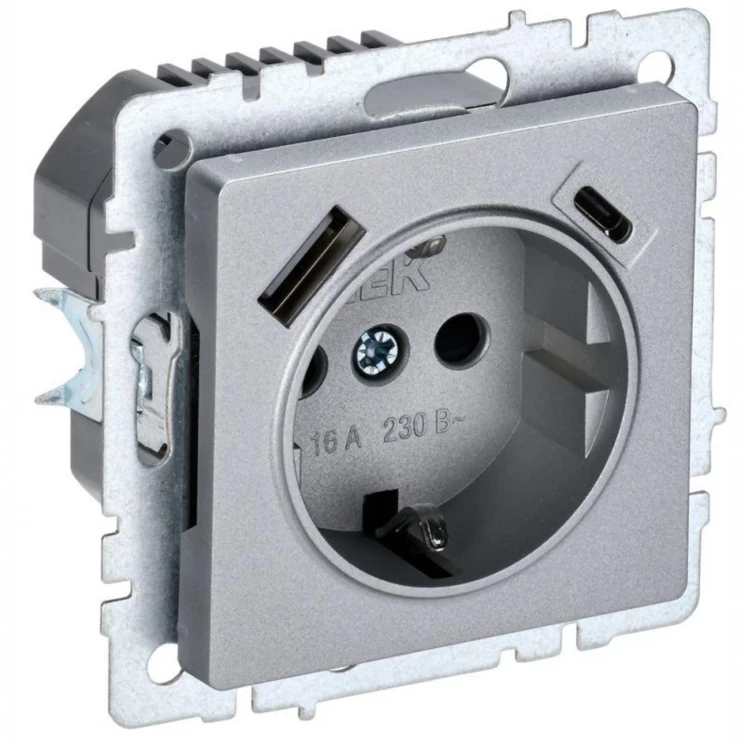 Розетка BRITE РЮш11-1-БрА 16А с USB A+C 18Вт с заземл. защ. шторки алюм. IEK BR-R14-16-U22-018-K47